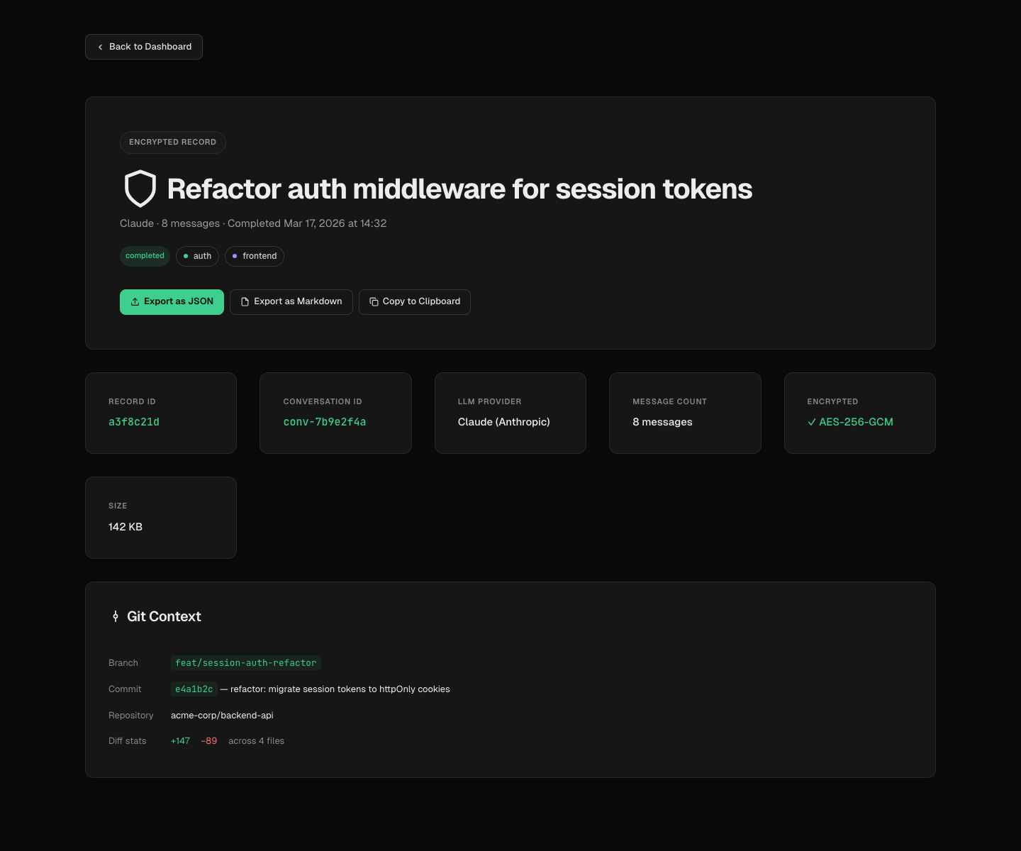 Footprint detail page showing summary, Git context, and conversation timeline